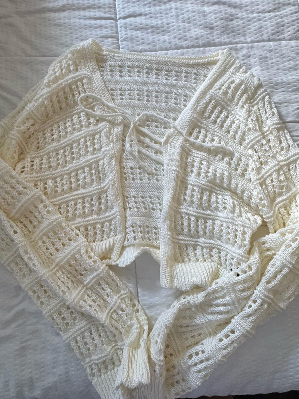 SHEIN Cream Open-Knit Tie-Front Cardigan Sweater